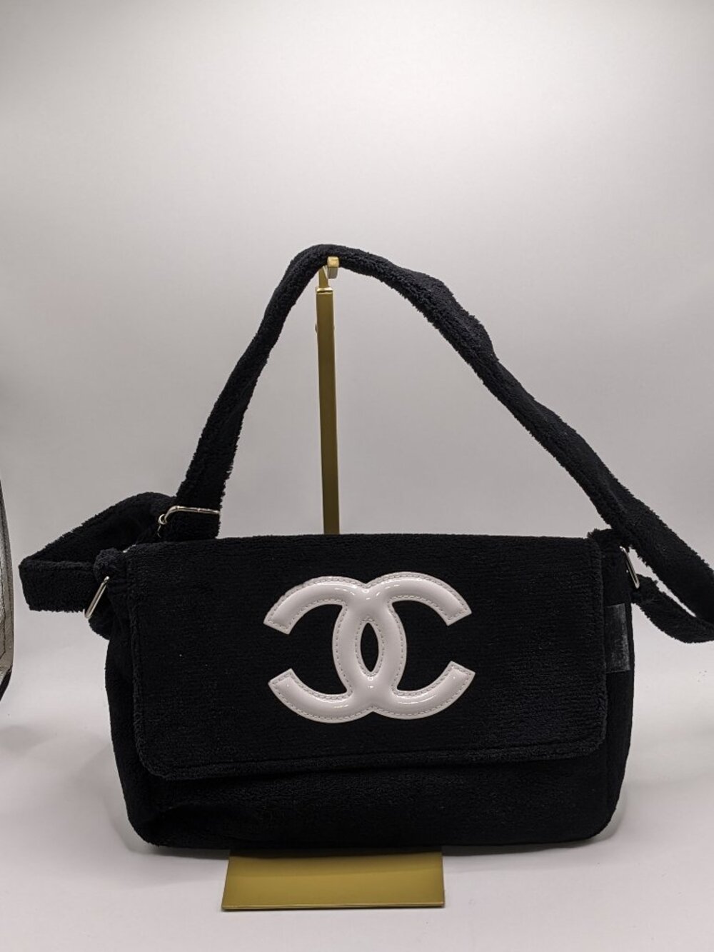 Chanel Precision Black Terry Cloth White CC Shoulder Bag NWOT